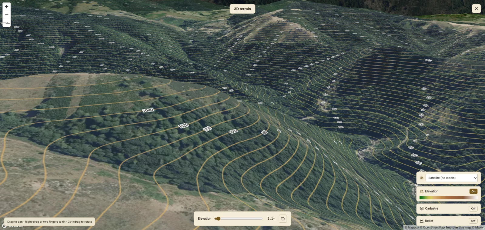 3D terrain view with exaggerated elevation to make slopes visible