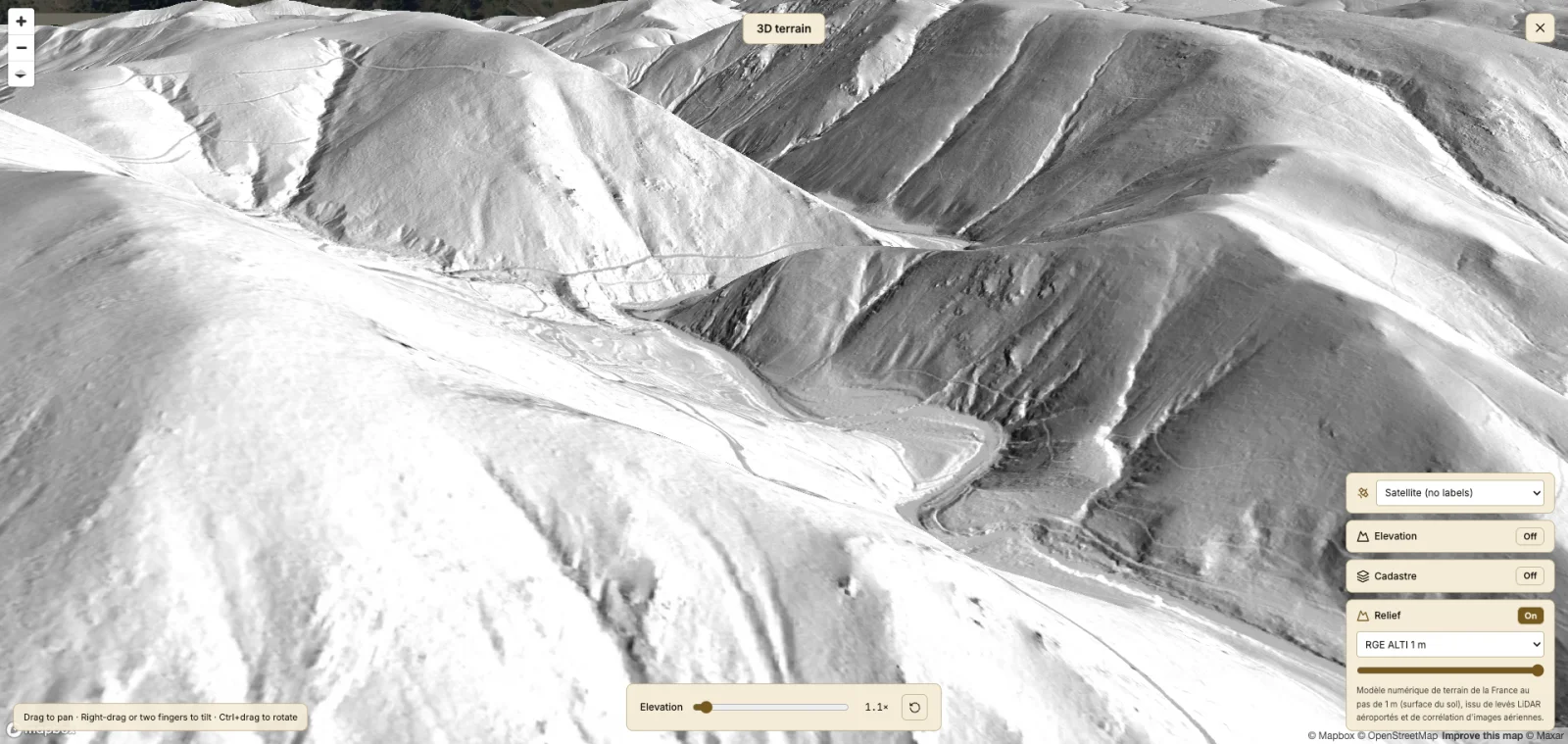 3D terrain view of a field with LiDAR relief shading